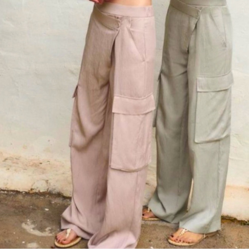 ZARA Dusty Rose Asymmetrical Elastic Waist Wide Leg Cargo Utility Pants